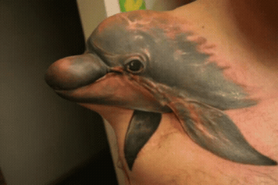 A Man With A Dolphin Tattoo On His Chest GIF