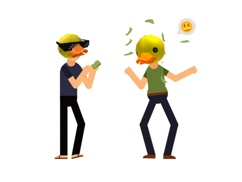 A Man With A Duck Head Is Holding A Cell Phone And Another Man With A Duck Head Is Holding Money GIF