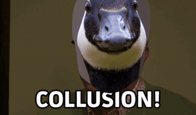 A Man With A Duck On His Head And The Words Collusion Below It GIF