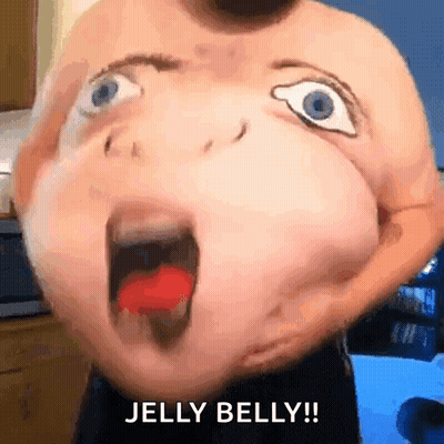 A Man With A Face Drawn On His Belly Is Holding A Jelly Belly . GIF