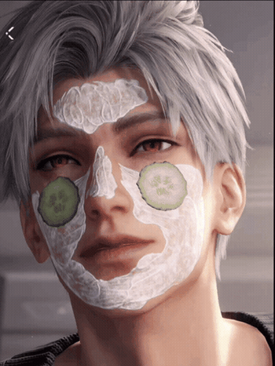 A Man With A Face Mask And Cucumber Slices On His Face GIF
