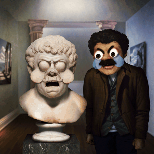 A Man With A Fake Mustache Is Standing Next To A Bust Of A Man GIF