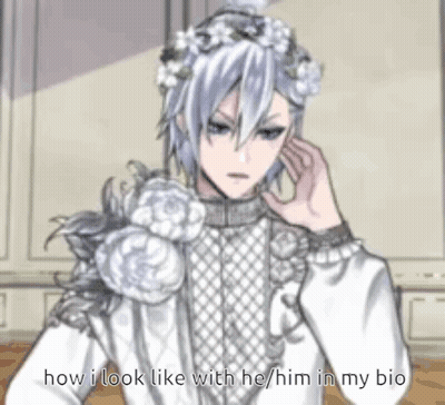 A Man With A Flower Crown On His Head Is Wearing A White Dress And A White Shirt . GIF
