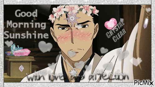 A Man With A Flower Crown On His Head Says Good Morning Sunshine With Love GIF