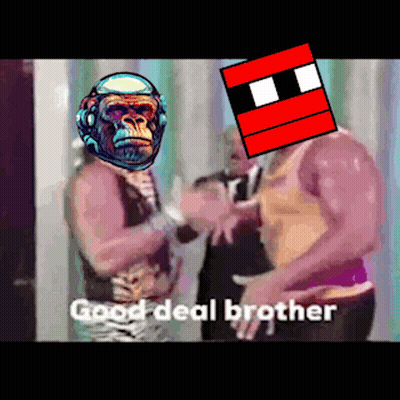 A Man With A Gorilla Mask On His Head Is Standing Next To Another Man With A Red Cube On His Head . GIF