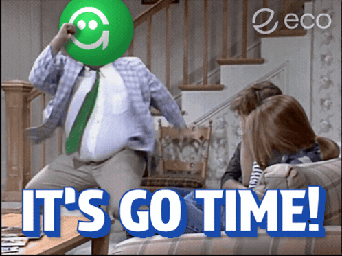 A Man With A Green Balloon On His Head And The Words It 'S Go Time On The Bottom GIF
