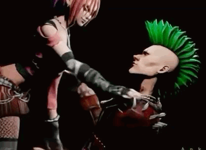 A Man With A Green Mohawk And A Woman With Purple Hair Are Kissing Each Other . GIF