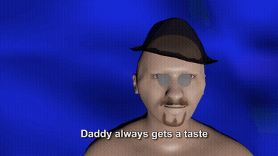 A Man With A Hat And Glasses Says Daddy Always Gets A Taste On A Blue Background GIF