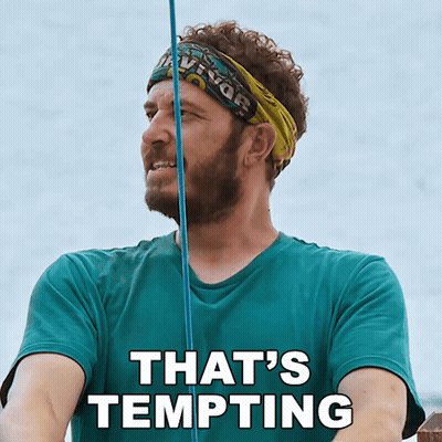 A Man With A Headband That Says Survivor On It Is Holding A Fishing Rod And Says That 'S Tempting GIF