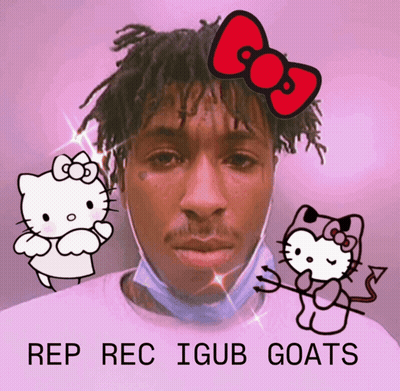 A Man With A Hello Kitty On His Head And The Words Rep Rec Igub Goats GIF