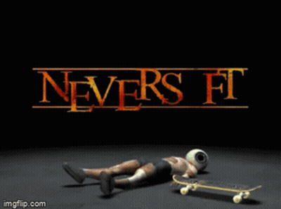 A Man With A Helmet On His Head Is Riding A Skateboard In Front Of The Word Never GIF