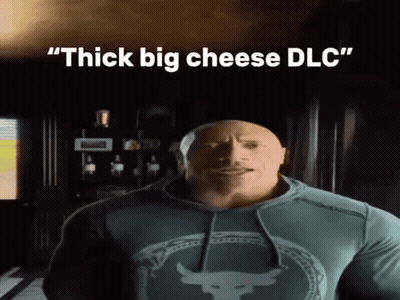 A Man With A Hoodie That Says " Thick Big Cheese Dlc " On It GIF