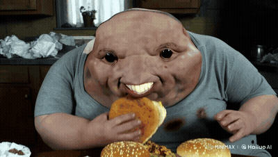 A Man With A Huge Face Is Eating A Hamburger With The Watermark Minimax GIF