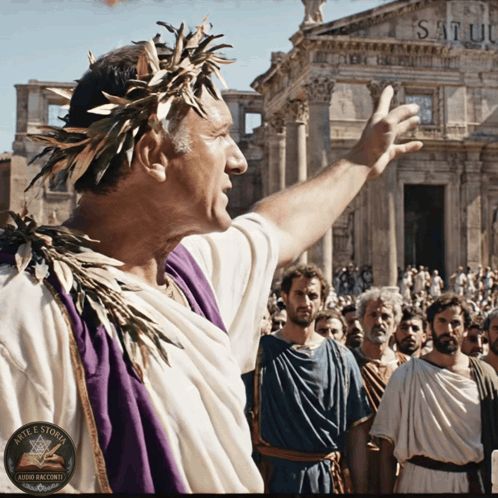 A Man With A Laurel Wreath On His Head Is Standing In Front Of A Building That Says Satul GIF