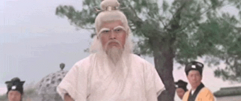 A Man With A Long Beard And White Hair Is Standing In Front Of A Group Of Men . GIF