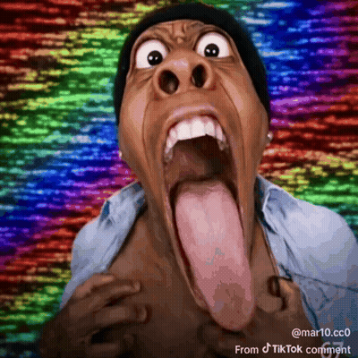 A Man With A Long Tongue Sticking Out And A Rainbow Background GIF