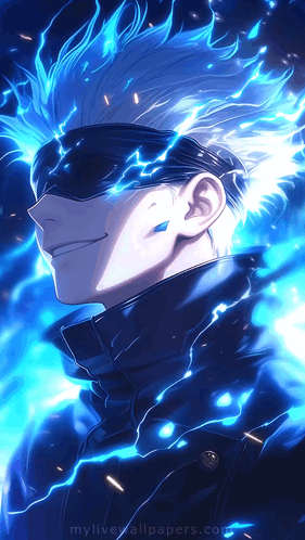 A Man With A Mask On His Eyes Is Surrounded By Blue Flames GIF