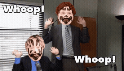 A Man With A Mask On His Face Is Standing Next To Another Man With A Mask On His Face And The Words Whoop On The Bottom GIF