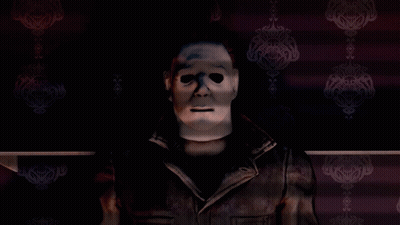 A Man With A Mask On His Face Stands In Front Of A Purple Wall GIF