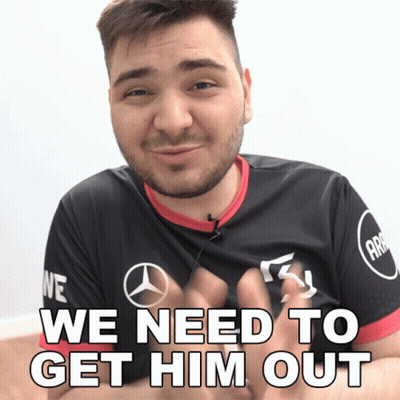 A Man With A Mercedes Logo On His Shirt Says " We Need To Get Him Out " GIF