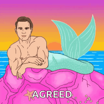 A Man With A Mermaid Tail Is Laying On A Pink Rock With The Word Agreed Below Him GIF