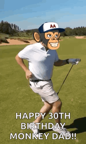 A Man With A Monkey Face On His Head Is Playing Golf On A Golf Course . GIF