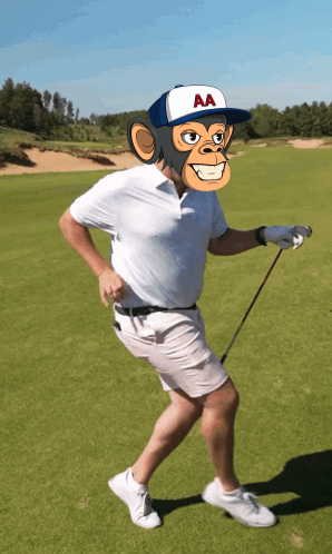 A Man With A Monkey Mask On His Face Is Holding A Golf Club On A Golf Course GIF