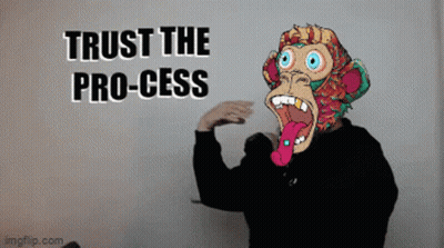 A Man With A Monkey Mask On His Face Says Trust The Process GIF