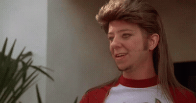 A Man With A Mullet And A Beard Is Wearing A Red Shirt . GIF