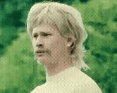 A Man With A Mullet And Mustache Is Wearing A Wig And A White Shirt . GIF