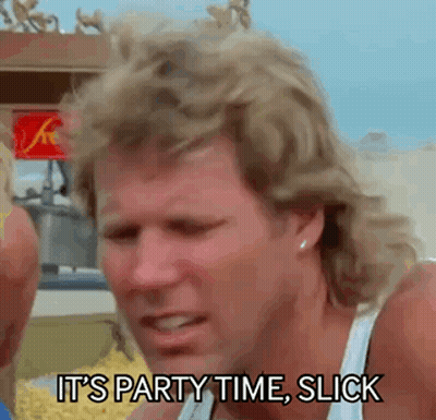 A Man With A Mullet Says `` It 'S Party Time Slick '' . GIF
