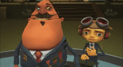 A Man With A Mustache And Goggles Stands Next To A Boy GIF