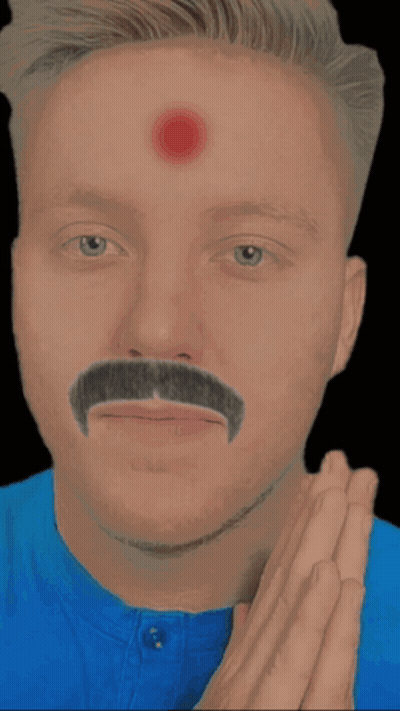 A Man With A Mustache And Red Eyes Has His Hands Together GIF