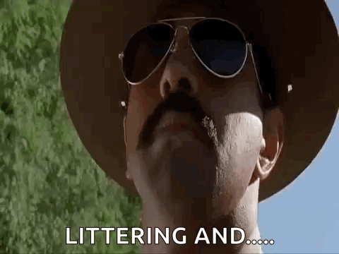 A Man With A Mustache And Sunglasses Is Wearing A Hat And Saying Littering And ... GIF