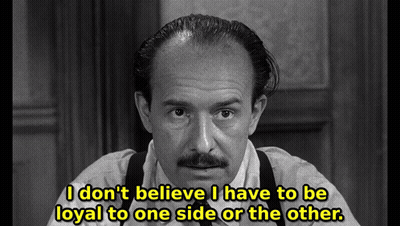 A Man With A Mustache And Suspenders Says I Don 'T Believe I Have To Be Loyal To One Side Or The Other GIF