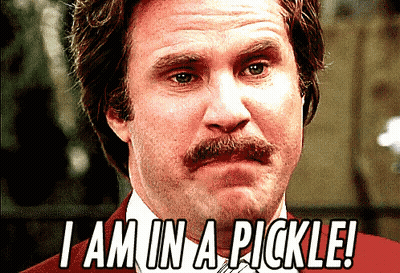 A Man With A Mustache Has The Words I Am In A Pickle Written On His Face GIF