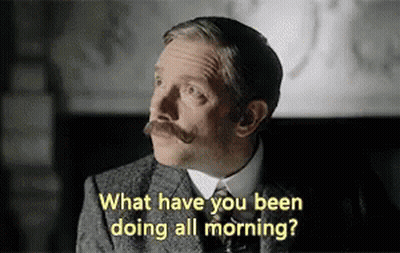 A Man With A Mustache Is Asking " What Have You Been Doing All Morning " GIF