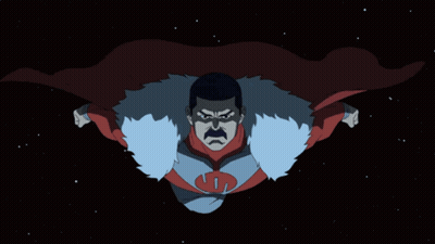 A Man With A Mustache Is Flying Through The Air With A Cape On GIF