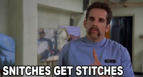 A Man With A Mustache Is Giving A Thumbs Up And Says Snitches Get Stitches GIF