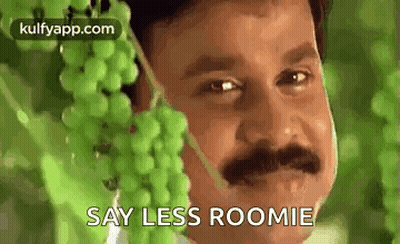 A Man With A Mustache Is Holding A Bunch Of Grapes In His Mouth . GIF
