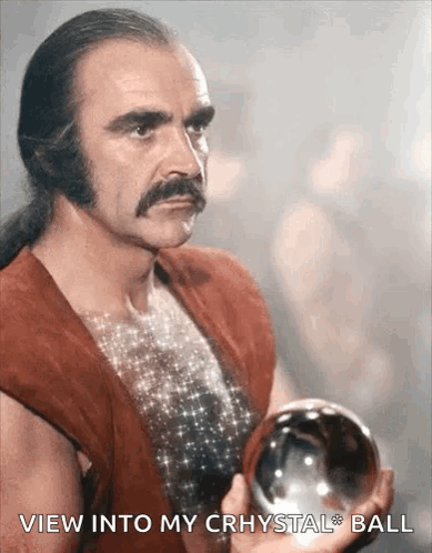 A Man With A Mustache Is Holding A Crystal Ball And Says " View Into My Crhystal Ball " GIF