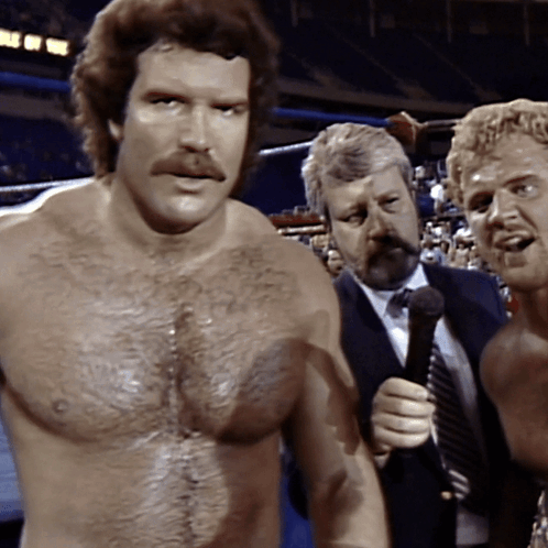 A Man With A Mustache Is Holding A Microphone In Front Of A Crowd Of People GIF