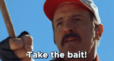 A Man With A Mustache Is Holding A Stick And Says Take The Bait GIF