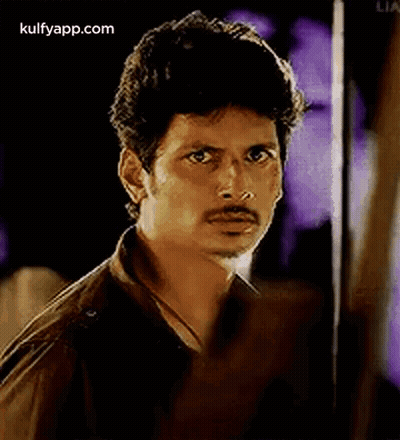 A Man With A Mustache Is Looking At The Camera . GIF