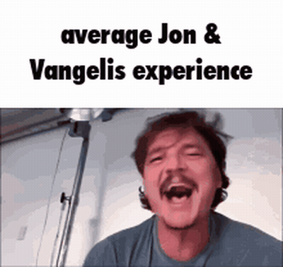 A Man With A Mustache Is Making A Funny Face With The Words `` Average Jon & Vangelis Experience '' GIF