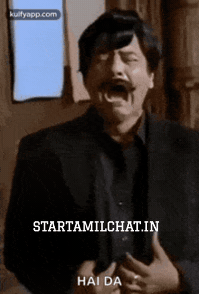 A Man With A Mustache Is Making A Funny Face With The Words Hai Da On The Bottom GIF