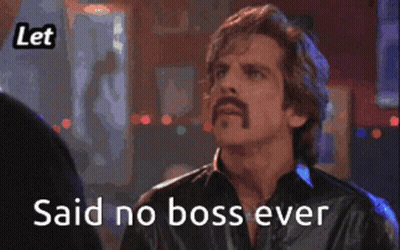 a man with a mustache is saying " let me hit you " and " said no boss ever "