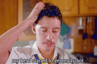 A Man With A Mustache Is Scratching His Head And Says " My Head Started To Get Really Hot " . GIF
