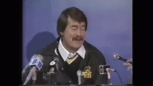 A Man With A Mustache Is Sitting At A Table With Microphones . GIF