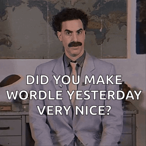 A Man With A Mustache Is Sitting In Front Of A Map With The Words Did You Make Wordle Yesterday Very Nice GIF